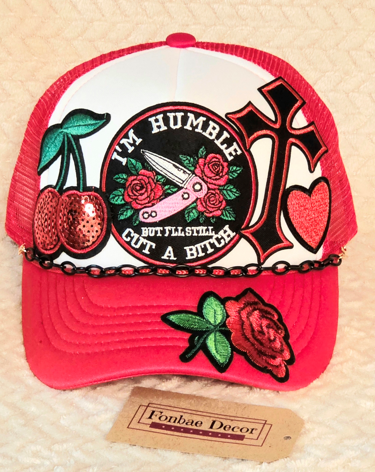 Red Trucker Cap with Explicit and Rose patches