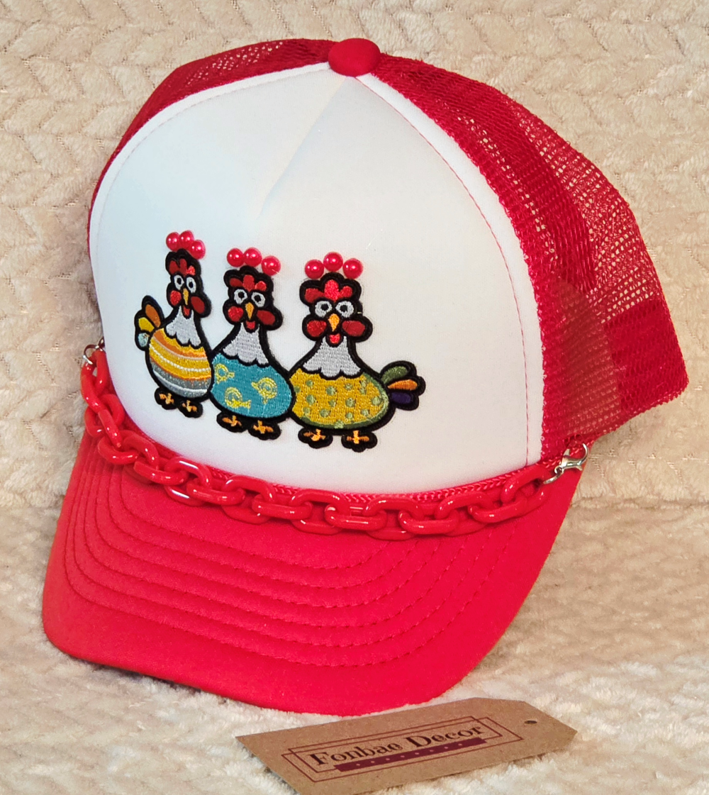 Three Chickens Red Trucker Cap