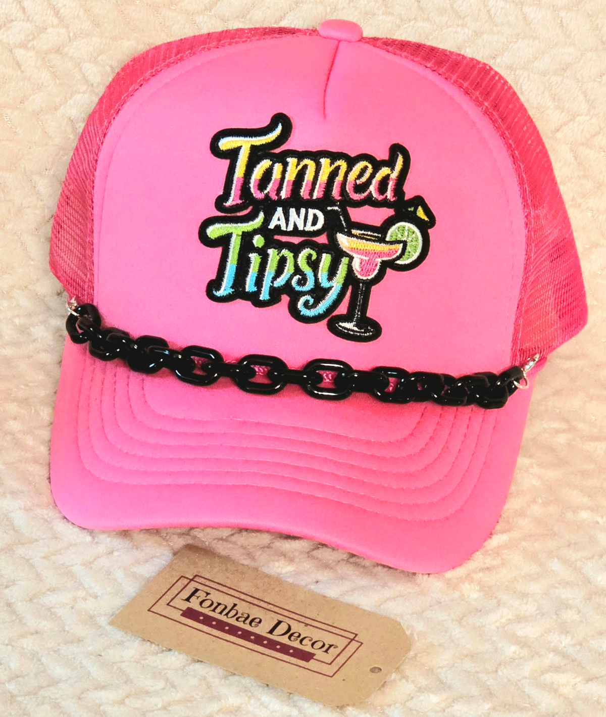 Tanned & Tipsy Pink Trucker Cap with Black Chain