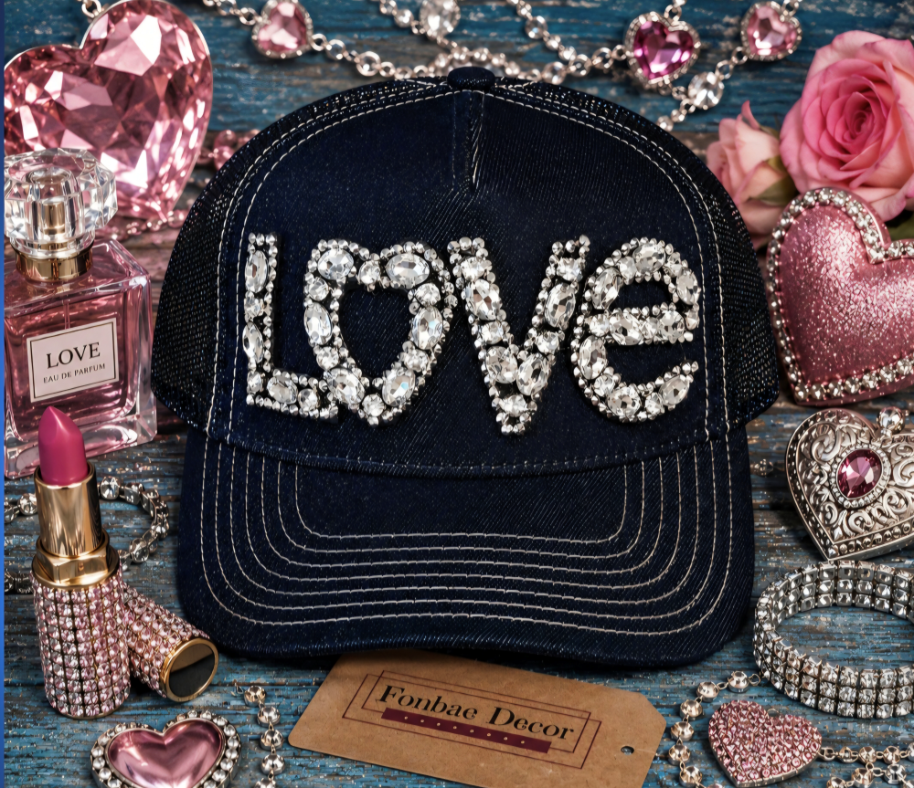  Love Rhinestone Denim Trucker Cap