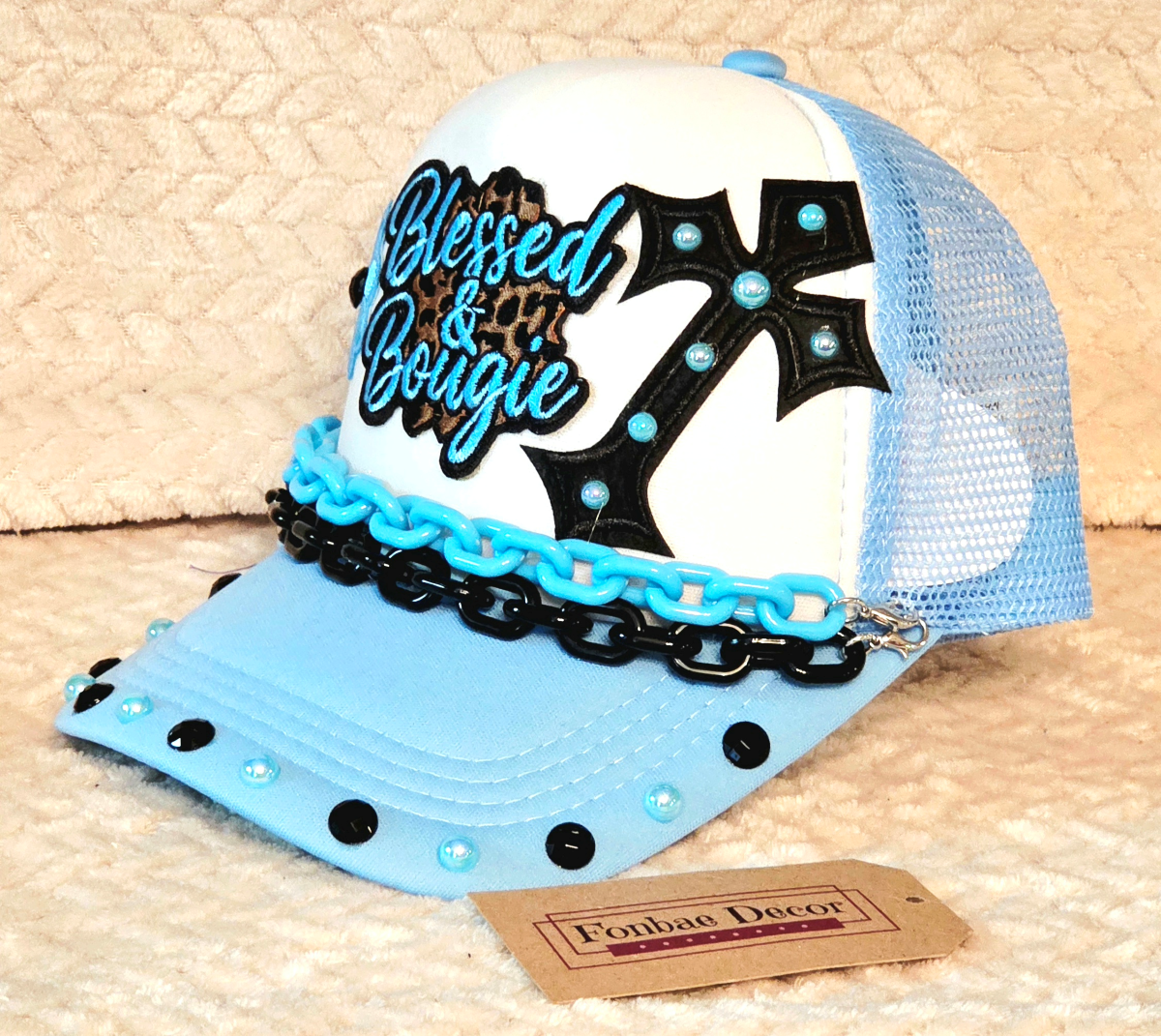 Blue Trucker Cap with Blessed and Bougie patch