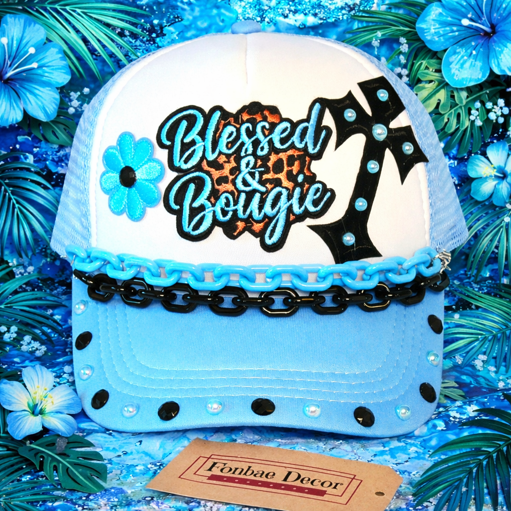 Blue Trucker Cap with Blessed and Bougie patch
