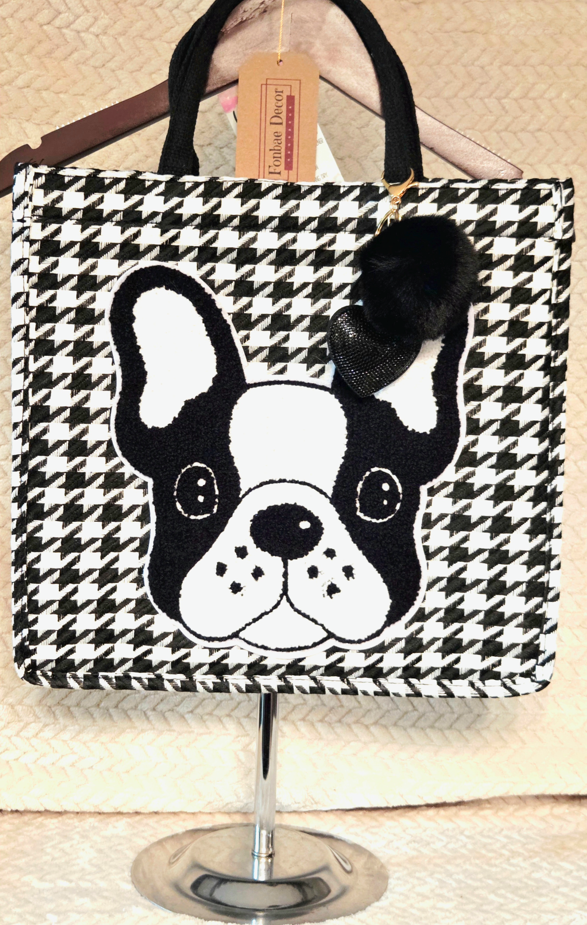 Houndstooth Plaid Tote Handbag with Boston Terrier Dog Patch