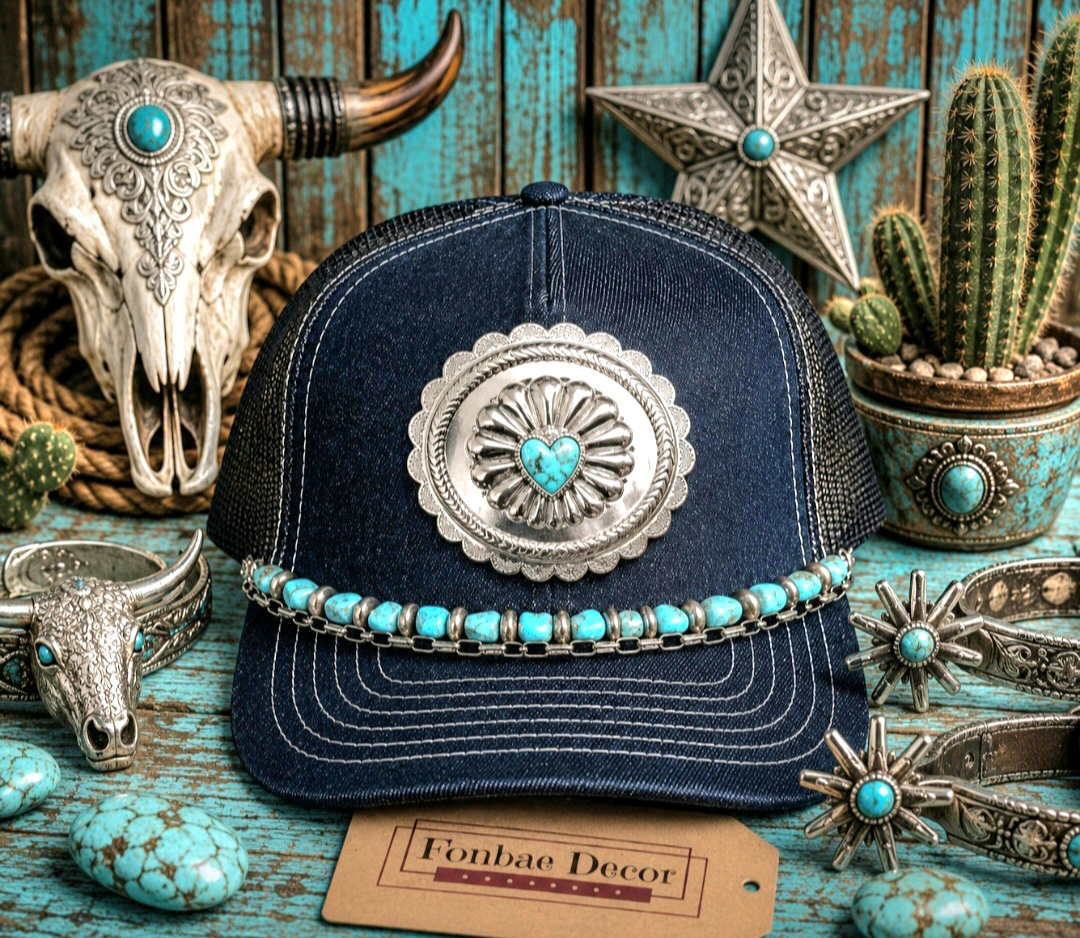 Western Luxe Turquoise Denim Trucker Cap
