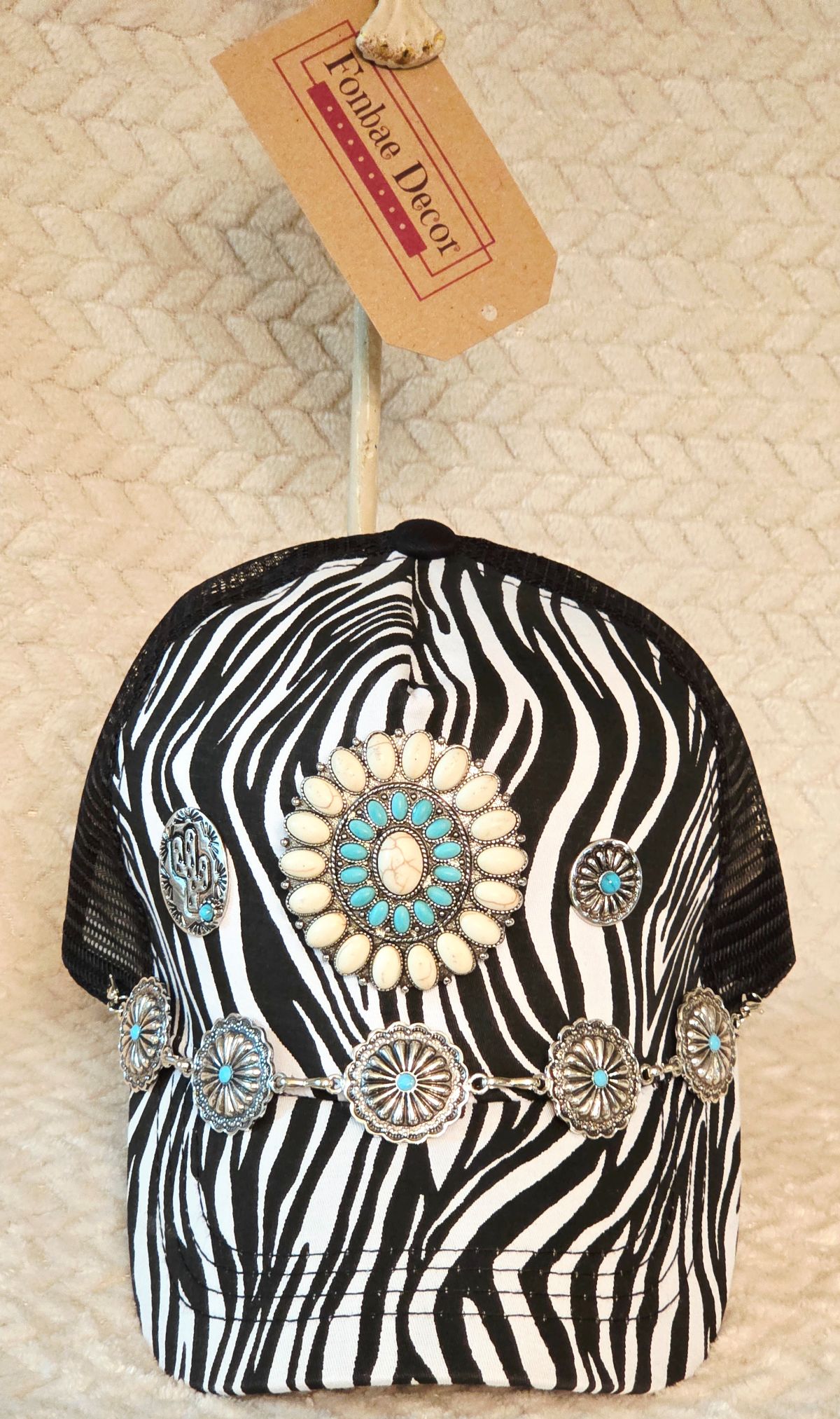 Zebra Trucker Cap with Western Metal Artwork: