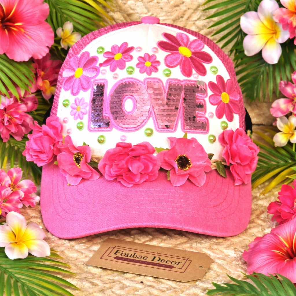Pink Flower Trucker Cap with Rhinestones