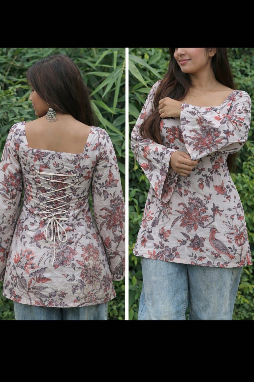 Boho-Chic Bell Sleeve Short Kurti – Adjustable Back Dori Collection