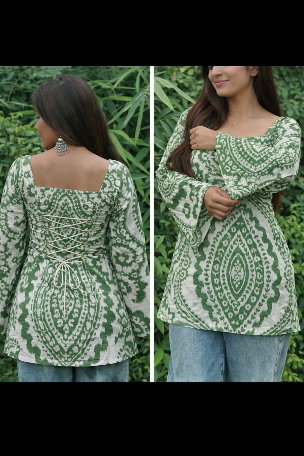 Boho-Chic Bell Sleeve Short Kurti – Adjustable Back Dori Collection