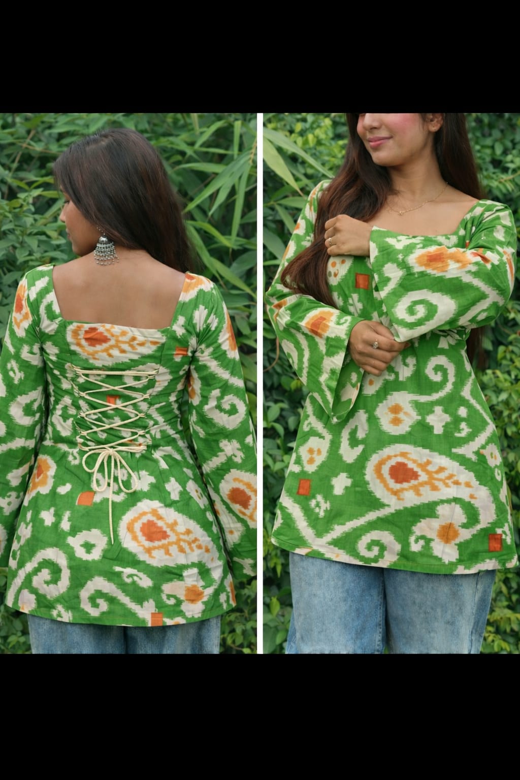 Boho-Chic Bell Sleeve Short Kurti – Adjustable Back Dori Collection