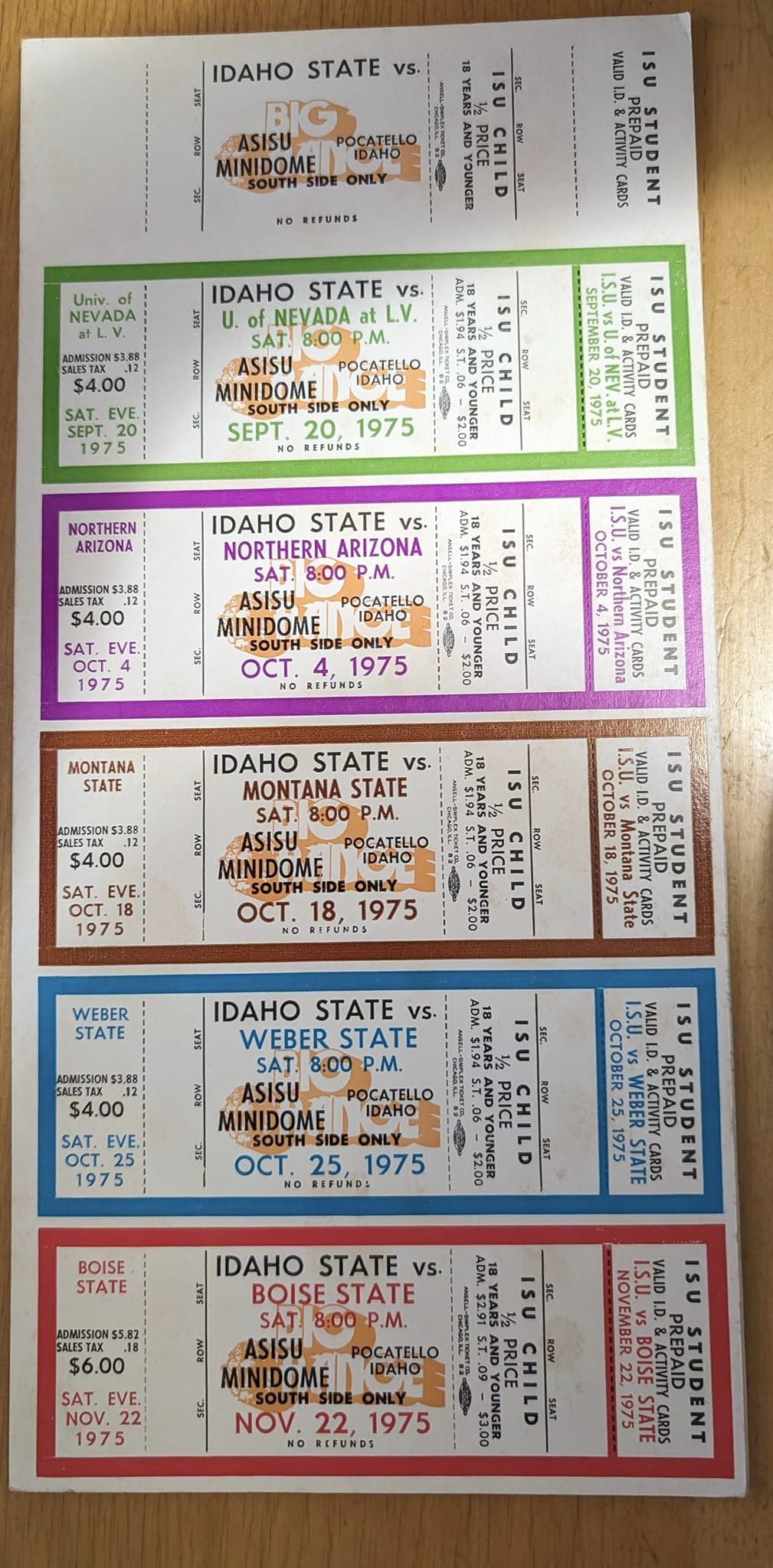 1975 Idaho State Bengals Season ticket sheet 