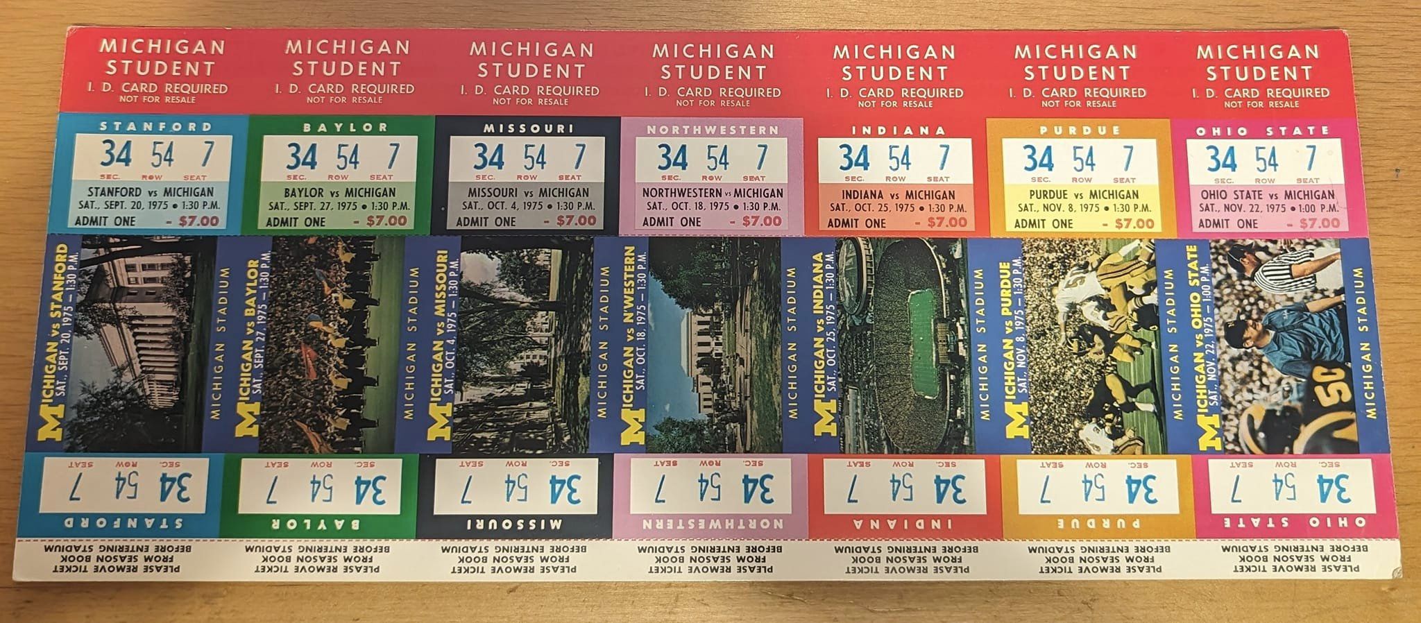 1975 Michigan Wolverines Student Season ticket sheet