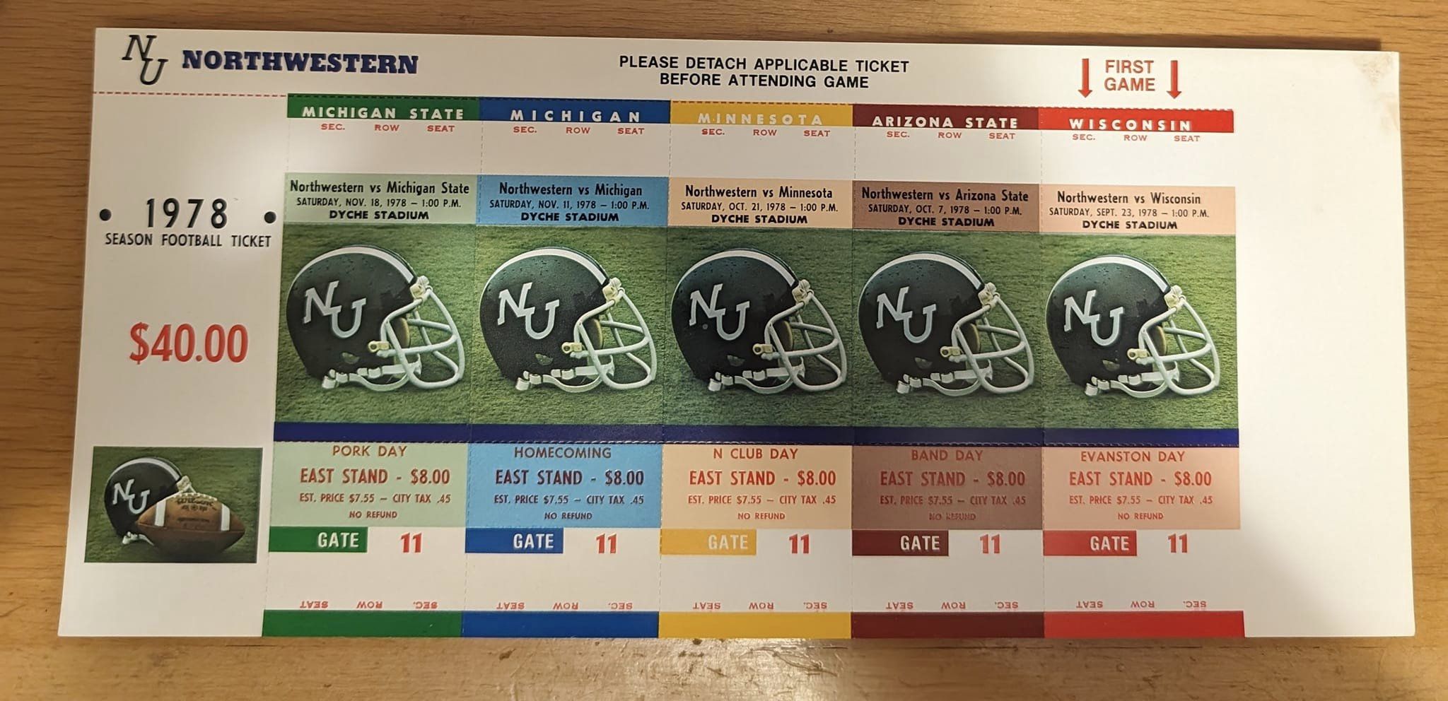 1978 Northwestern Wildcats Season ticket sheet