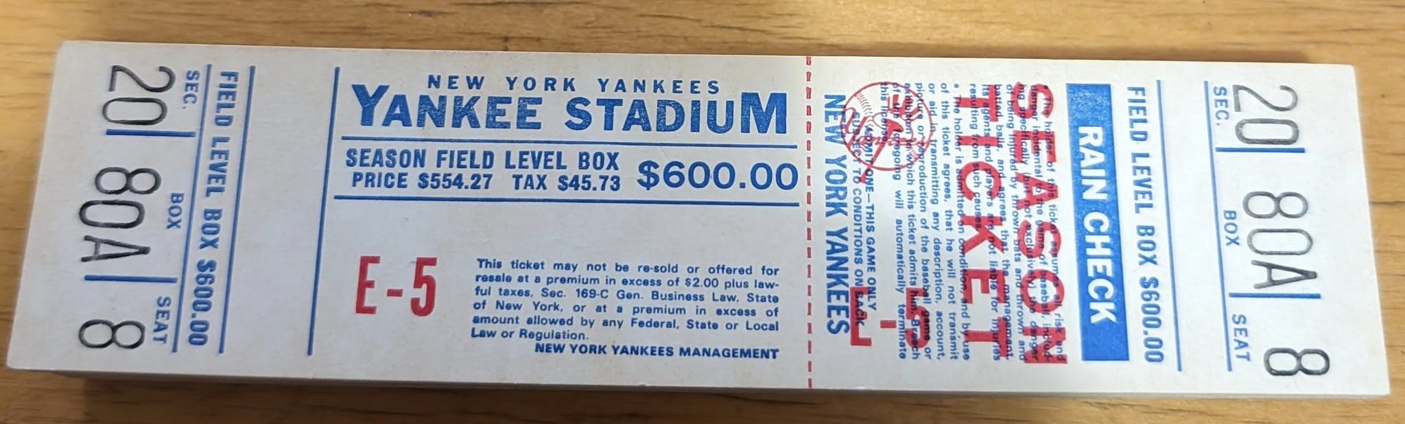 New York Yankees Season Field Level Box Ticket