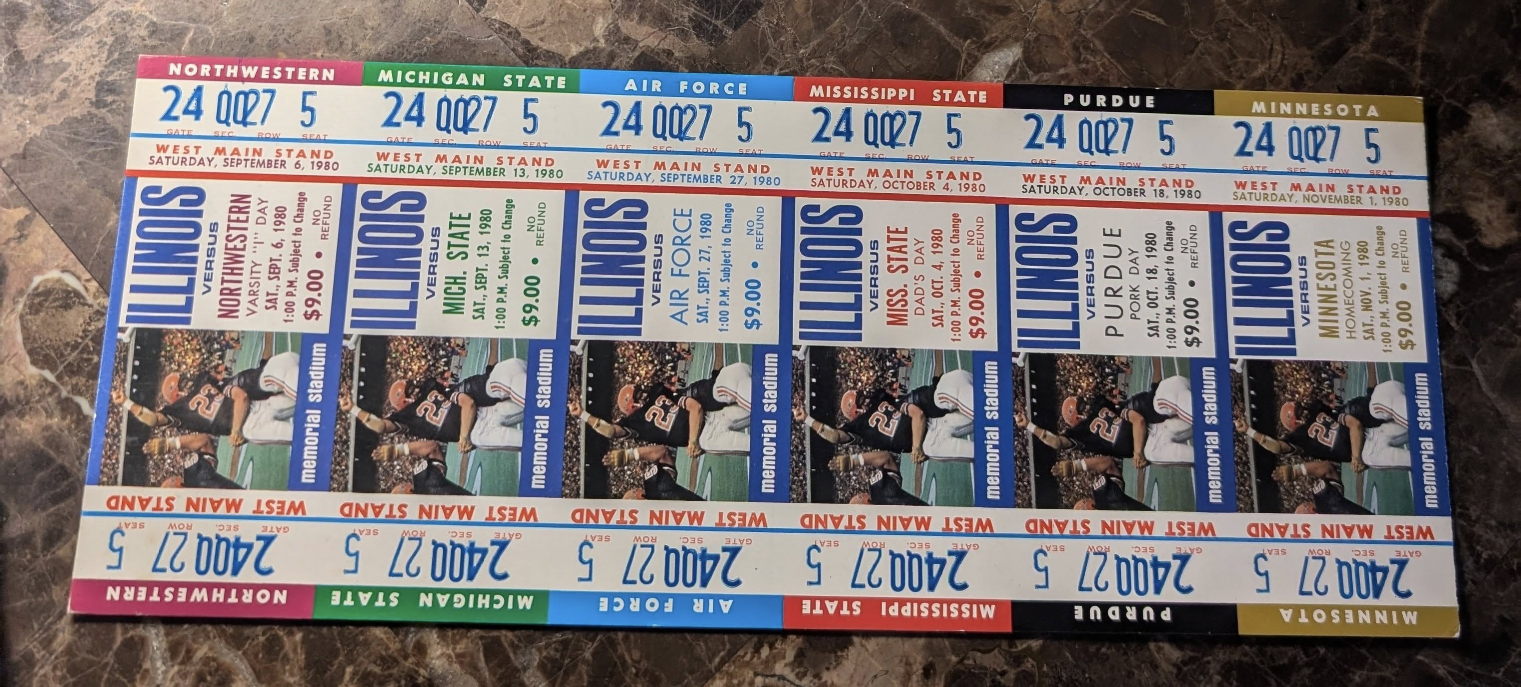 1980 Illinois Fighting Illini football Season ticket sheet Seating