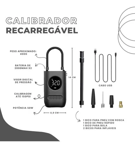 Calibrador Compressor Pneu Digital Carro Bike Moto Sem Fio