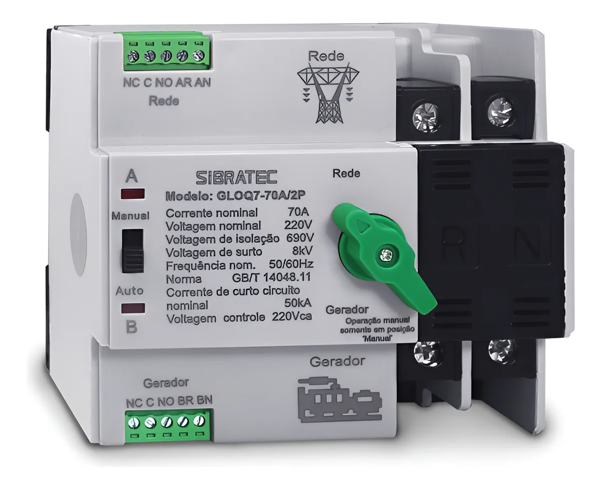 Chave Automática Bipolar 70a 220v Rede Gerador Cor Verde