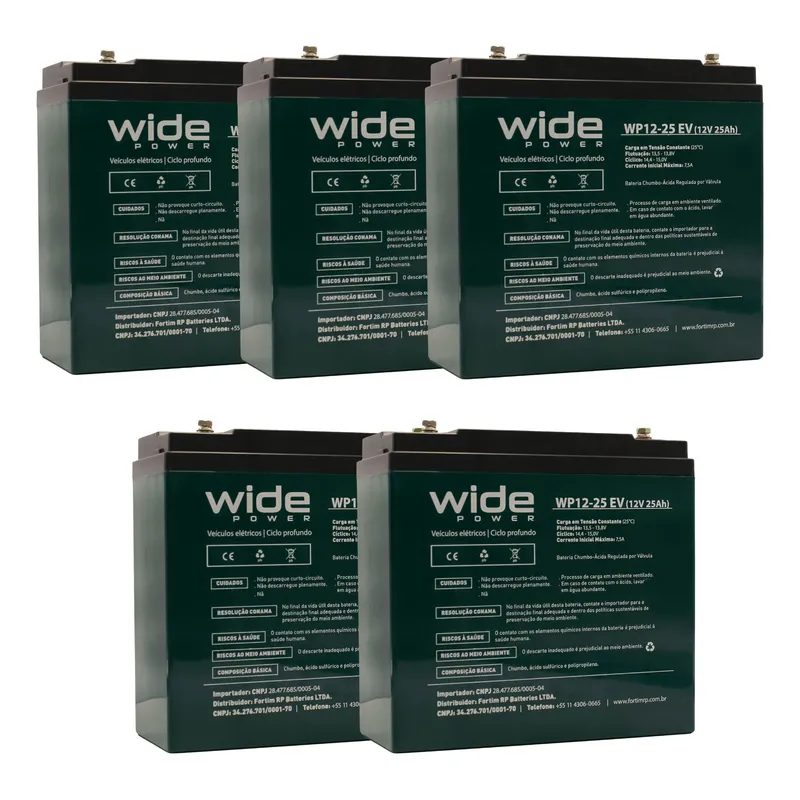 Kit 5 Pç Bateria 12v 25ah Bike Elétrica Gel Ciclo Profundo