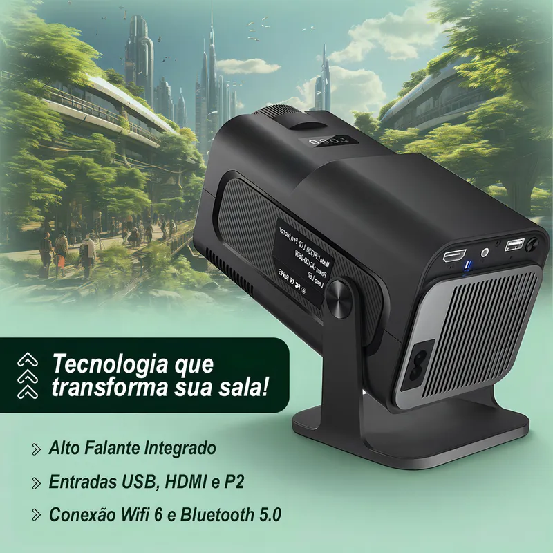 Projetor Hy320 Davely Smart TV Android WiFi6 390 ANSI Lumens Full HD 4K Mini Projetor Portátil Preto com Controle Remoto