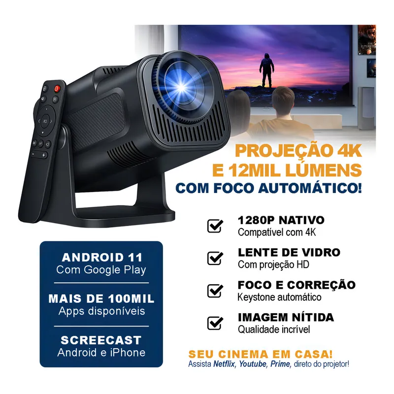 Projetor Hy320 Davely Smart TV Android WiFi6 390 ANSI Lumens Full HD 4K Mini Projetor Portátil Preto com Controle Remoto