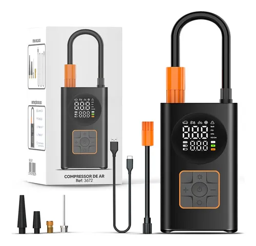 Compressor Digital Bomba De Ar Portátil Pneus Opple 130 Psi Portátil Para Carro Bicicleta Moto Com Lanterna Led E Powerbank Preto Calibrador