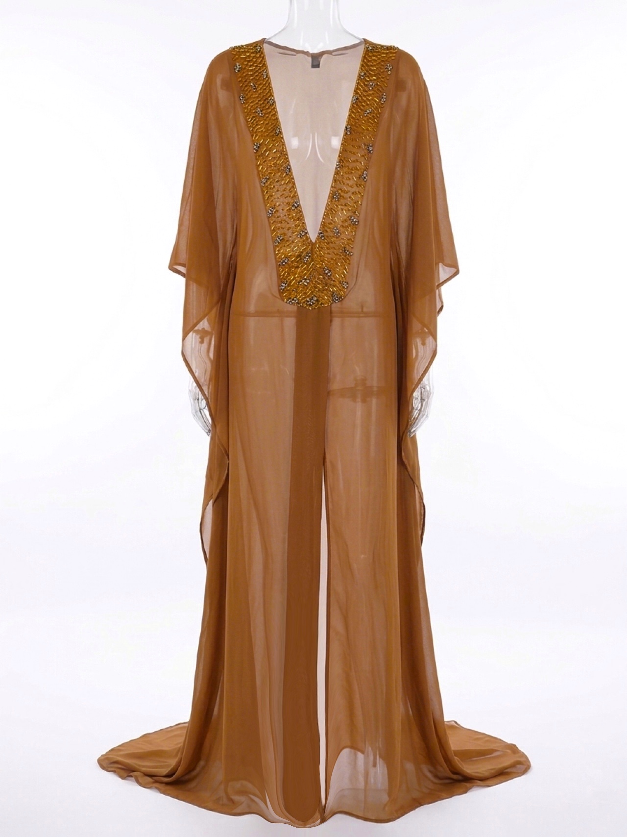 Stephanie, Hand-Beaded Gold Silver Beads, Caramel Chiffon Kaftan Resort Wear Beach Cover Up