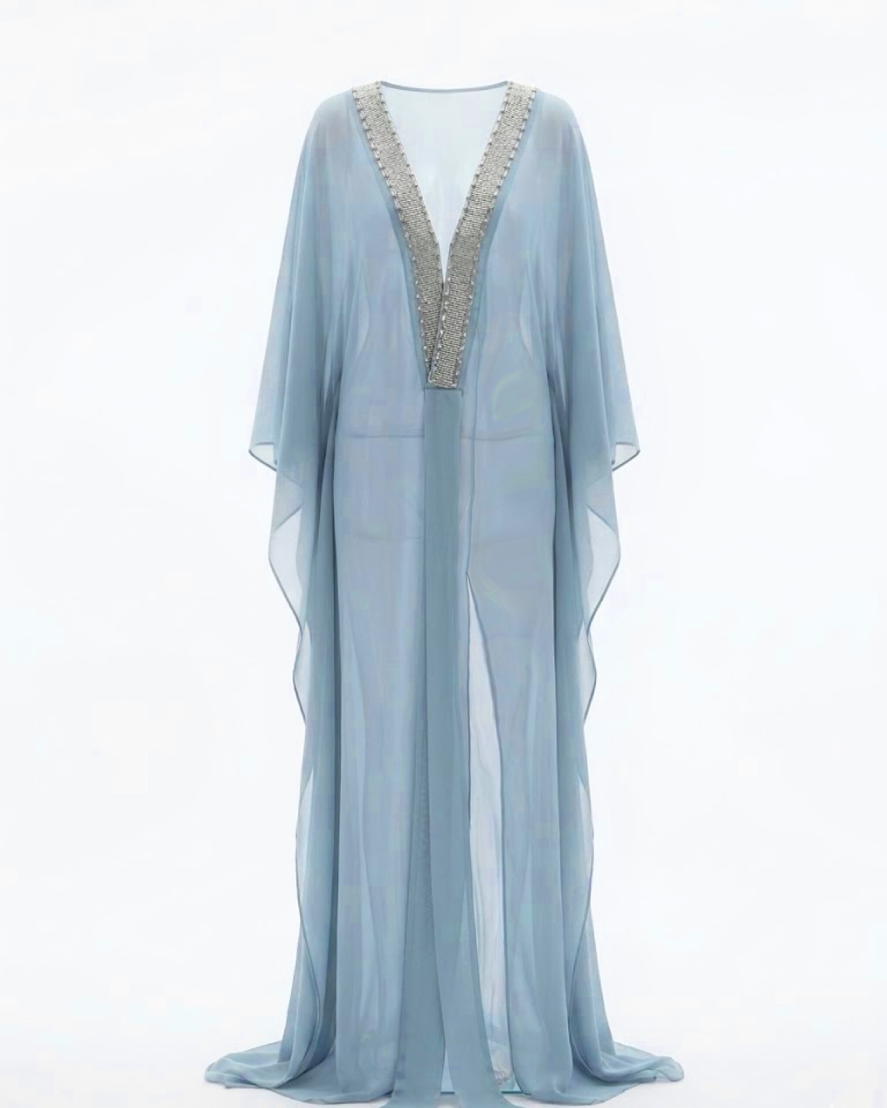 Ihu, Hand-Beaded Silver Beads, Sky-Blue Chiffon Kaftan Resort Wear Beach Cover Up