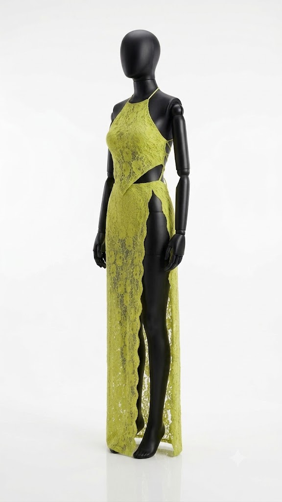 Eva Set, Green Lace Halter Lace-Up Top, High-Waist Side-Slit Skirt