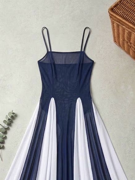 Talia, Sheer Spandex Chiffon Navy Blue White Maxi Resort Wear