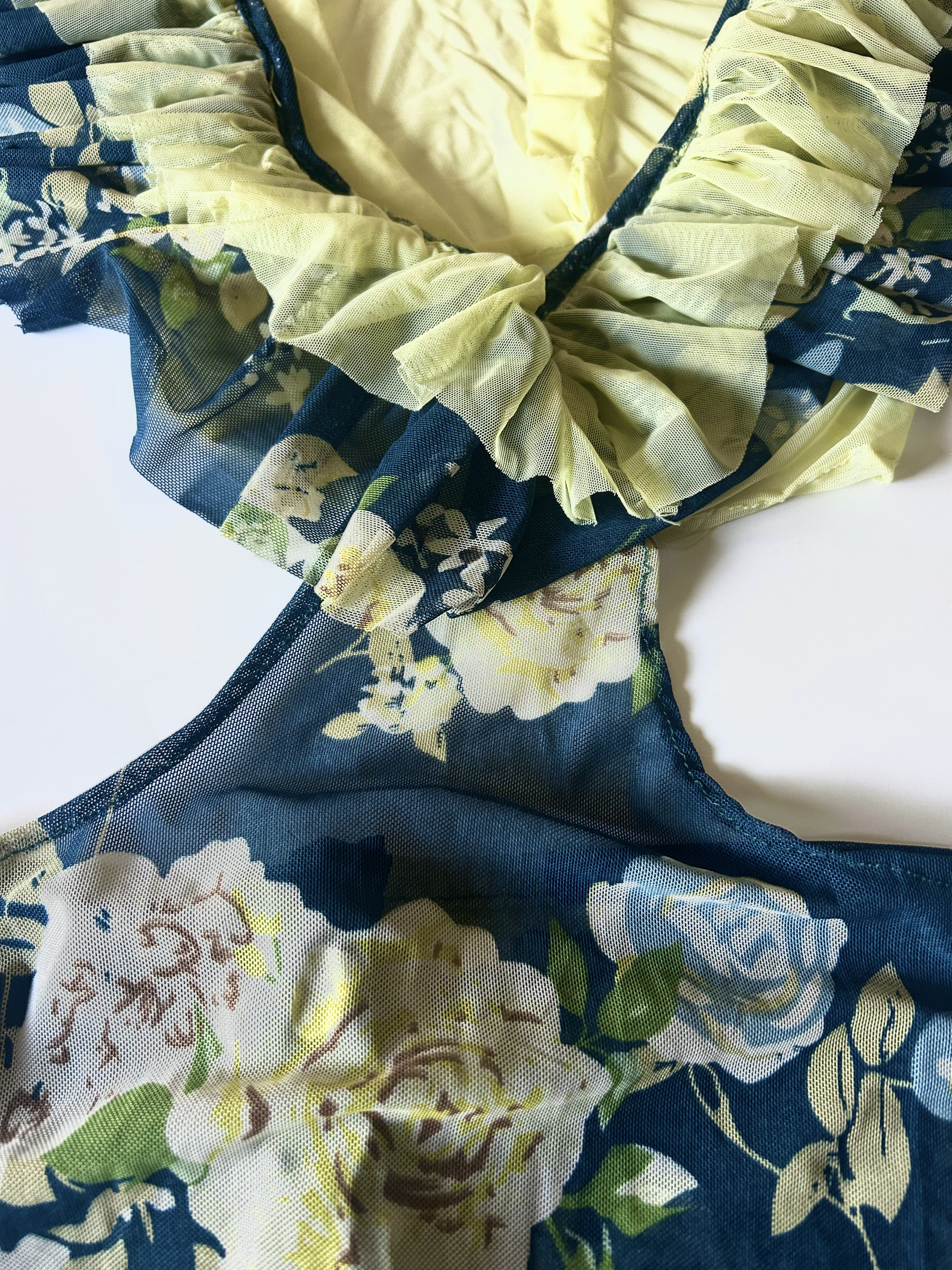 Casey, Sheer Floral Print Green Yellow Ruffle Summer Dress