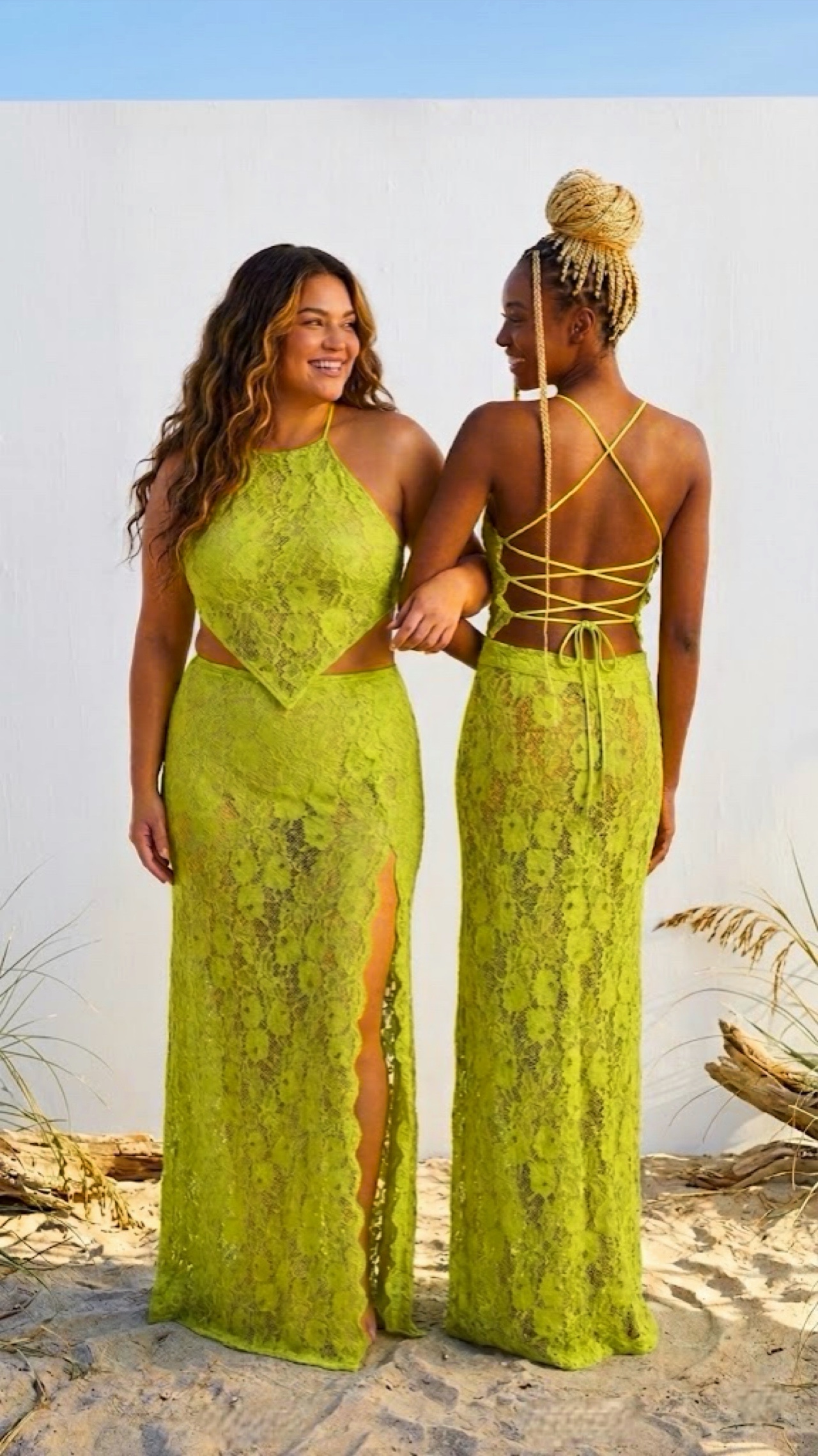 Eva Set, Green Lace Halter Lace-Up Top, High-Waist Side-Slit Skirt