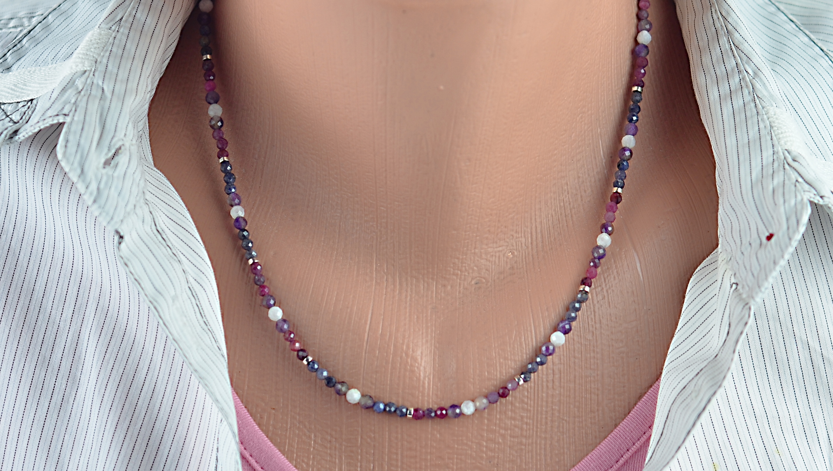 Biżuteria z kamieni naturalnych - naszyjnik i bransoletka - Szafir, Ametyst, Turmalin, Kamień księżycowy, nr kat. 336