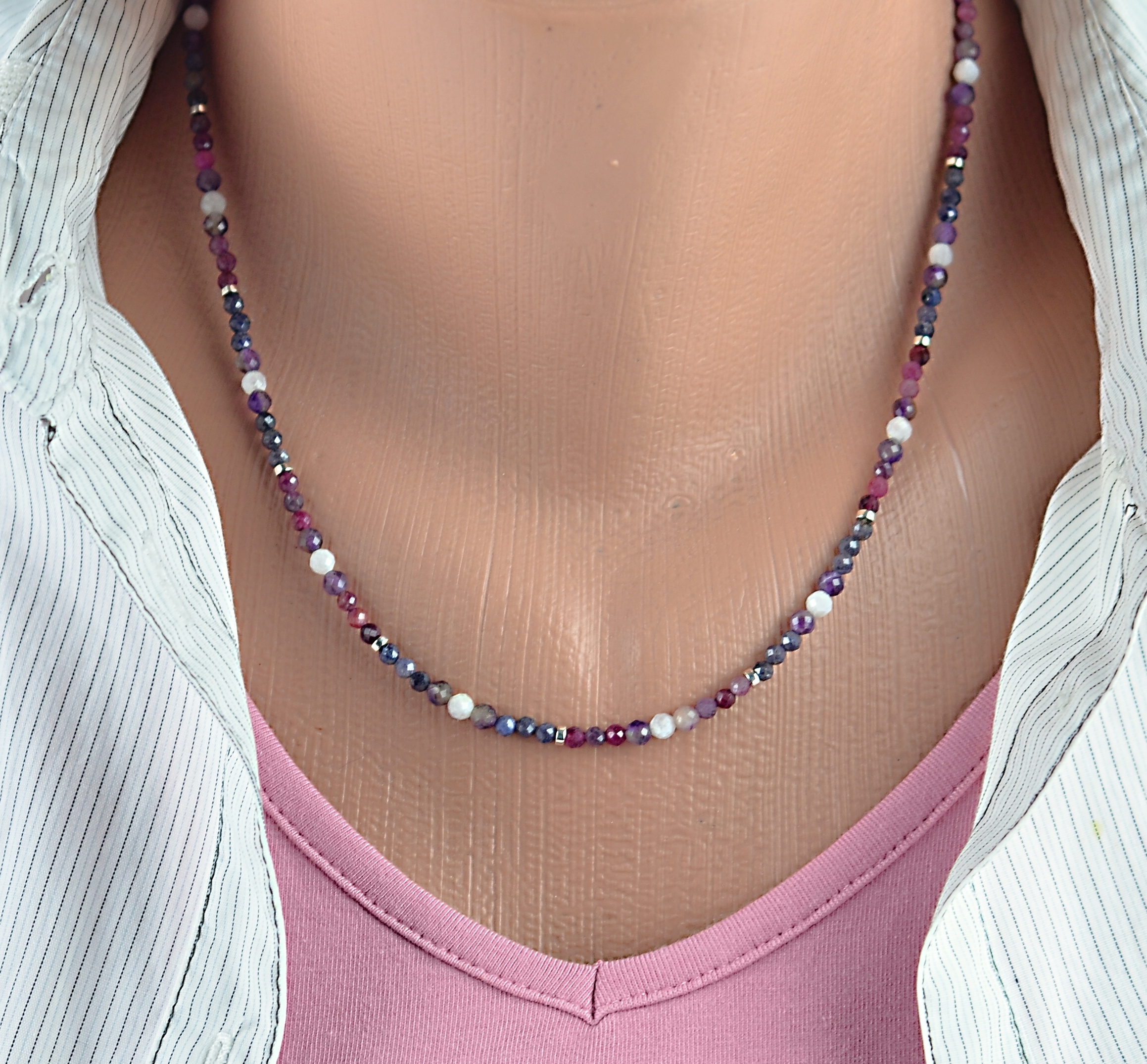 Biżuteria z kamieni naturalnych - naszyjnik i bransoletka - Szafir, Ametyst, Turmalin, Kamień księżycowy, nr kat. 336