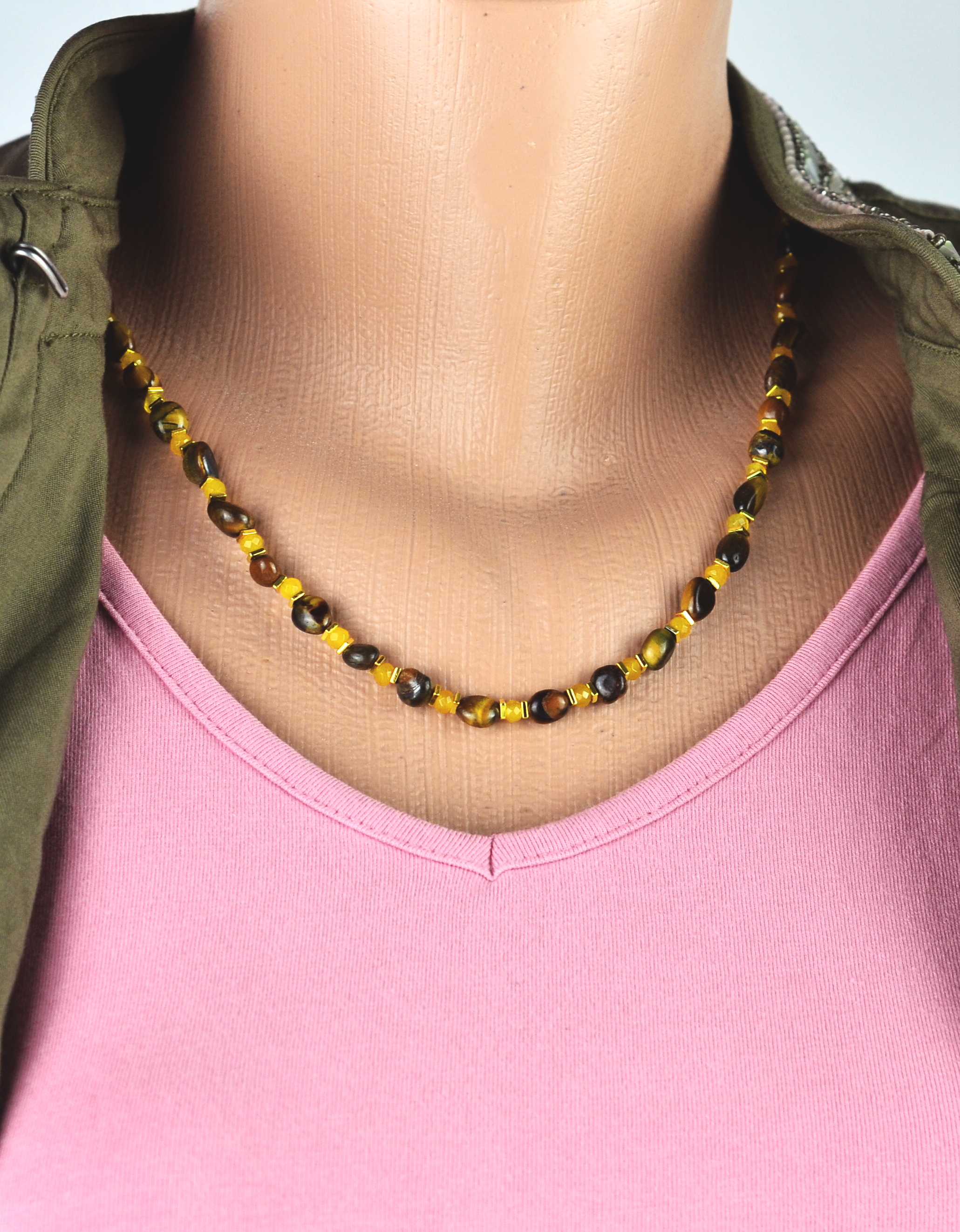 Biżuteria z kamieni naturalnych - Naszyjnik oraz bransoletka z tygrysim okiem i agatem - nr kat. 307