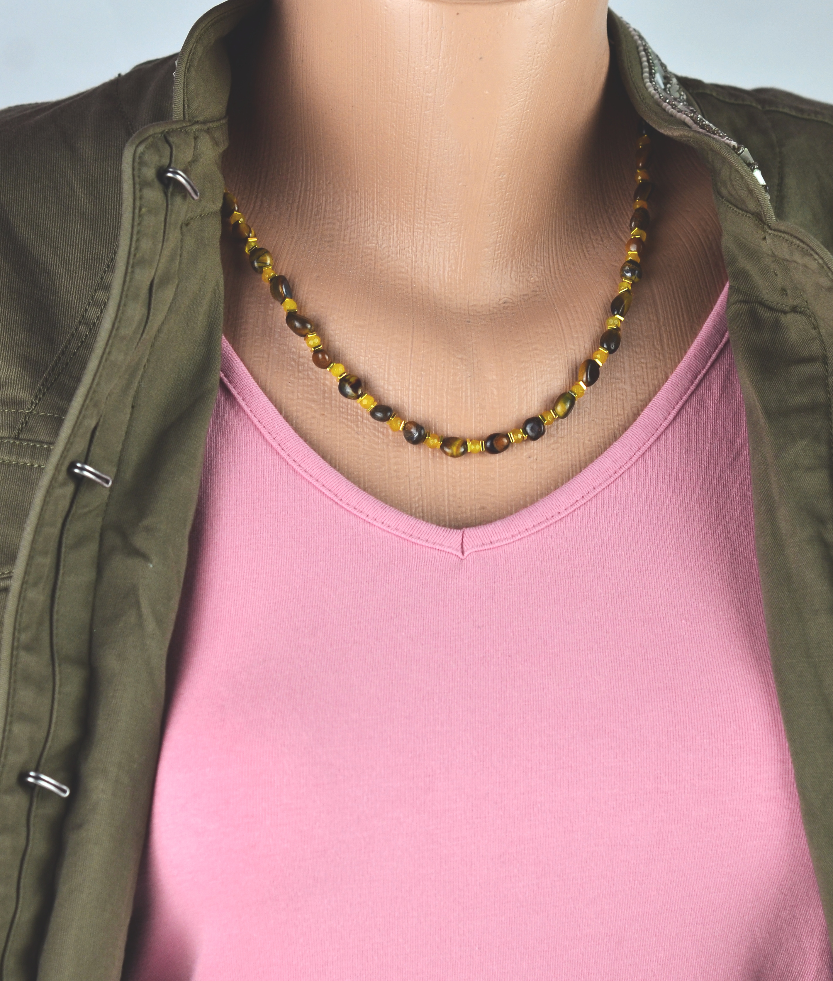 Biżuteria z kamieni naturalnych - Naszyjnik oraz bransoletka z tygrysim okiem i agatem - nr kat. 307