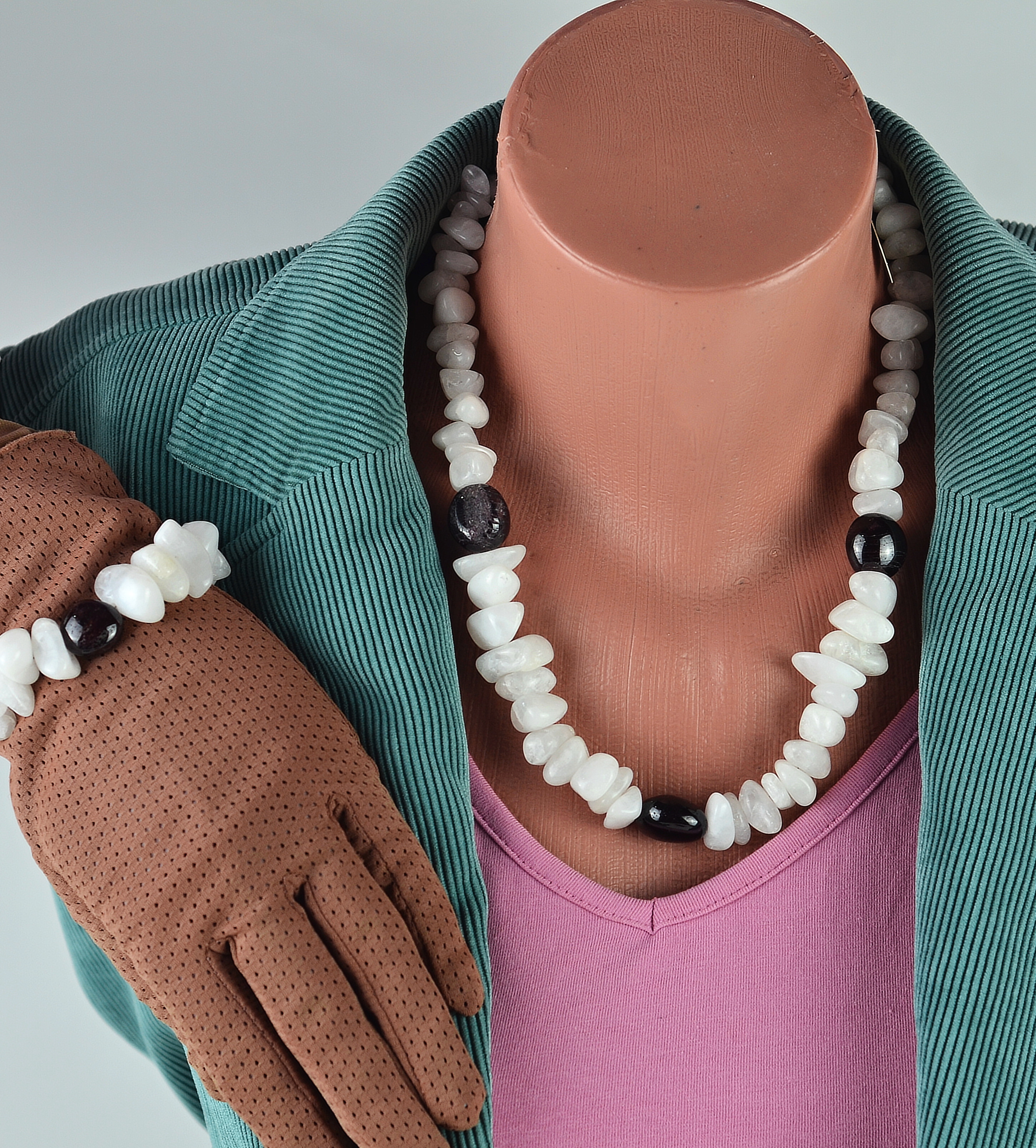 Biżuteria z kamieni naturalnych - naszyjnik i bransoletka - Kwarc, Granat - nr kat. 294