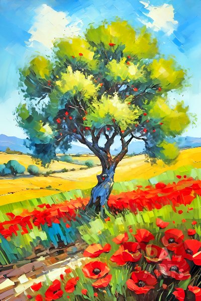 Olive Tree and Poppy Flowers I