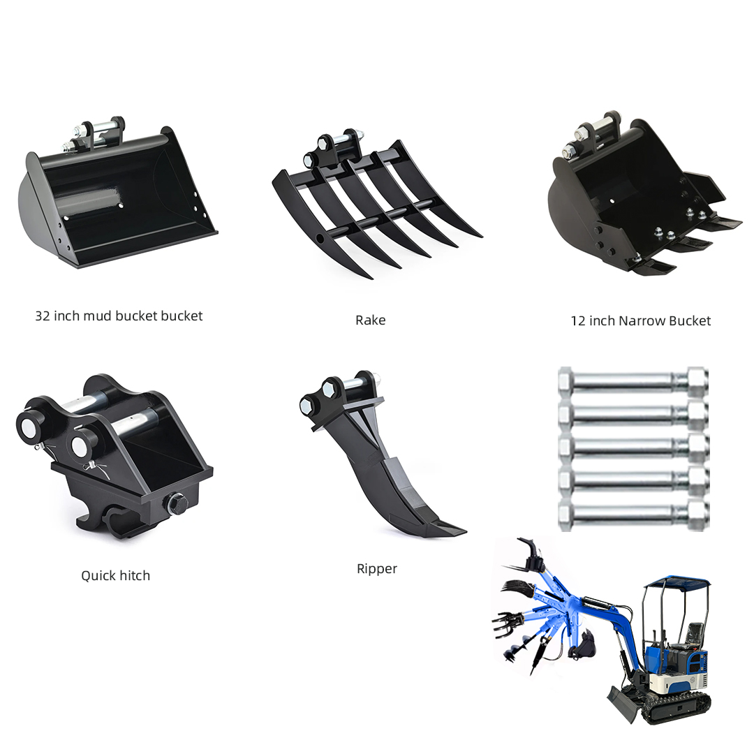 Mini Excavator Accessories with Narrow Bucket, Ripper, Rake, Grapple, Quick Hitch, Mud Bucket, Mini Excavator Accessory Kit, Free Mini Excavator Attachment Link Pin
