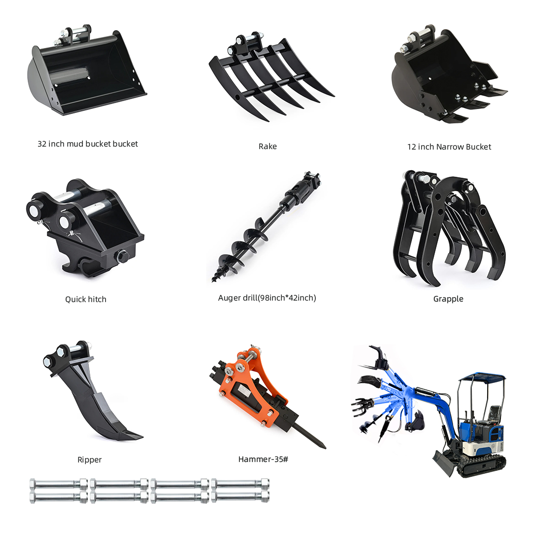 Mini Excavator Accessories with Narrow Bucket, Ripper, Rake, Grapple, Quick Hitch, Mud Bucket, Mini Excavator Accessory Kit, Free Mini Excavator Attachment Link Pin