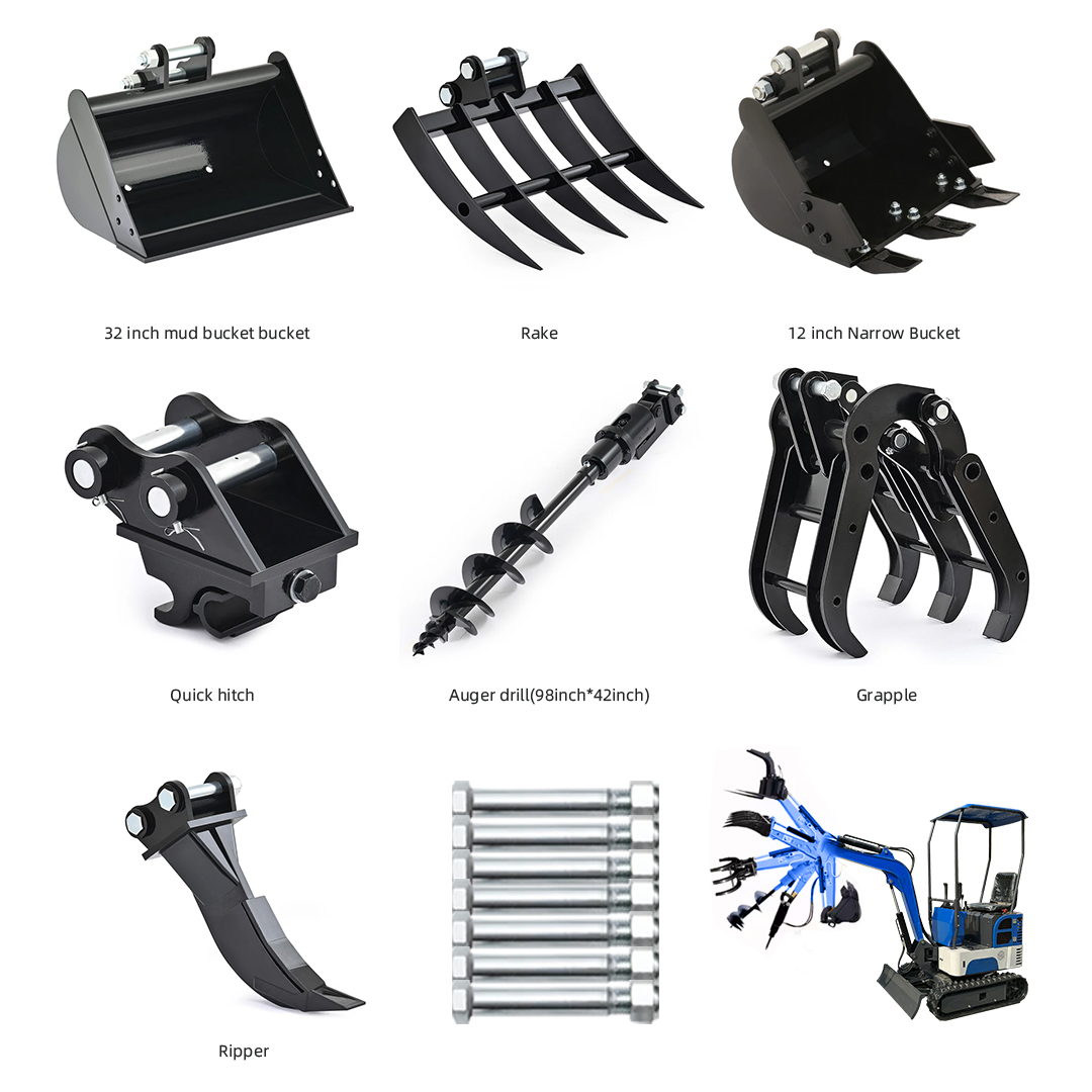 Mini Excavator Accessories with Narrow Bucket, Ripper, Rake, Grapple, Quick Hitch, Mud Bucket, Mini Excavator Accessory Kit, Free Mini Excavator Attachment Link Pin