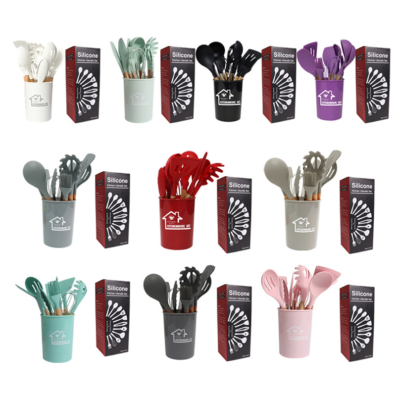 Wholesale Silicone Cookware Set with Wooden Handle, 12-Piece OEM Cutlery Set