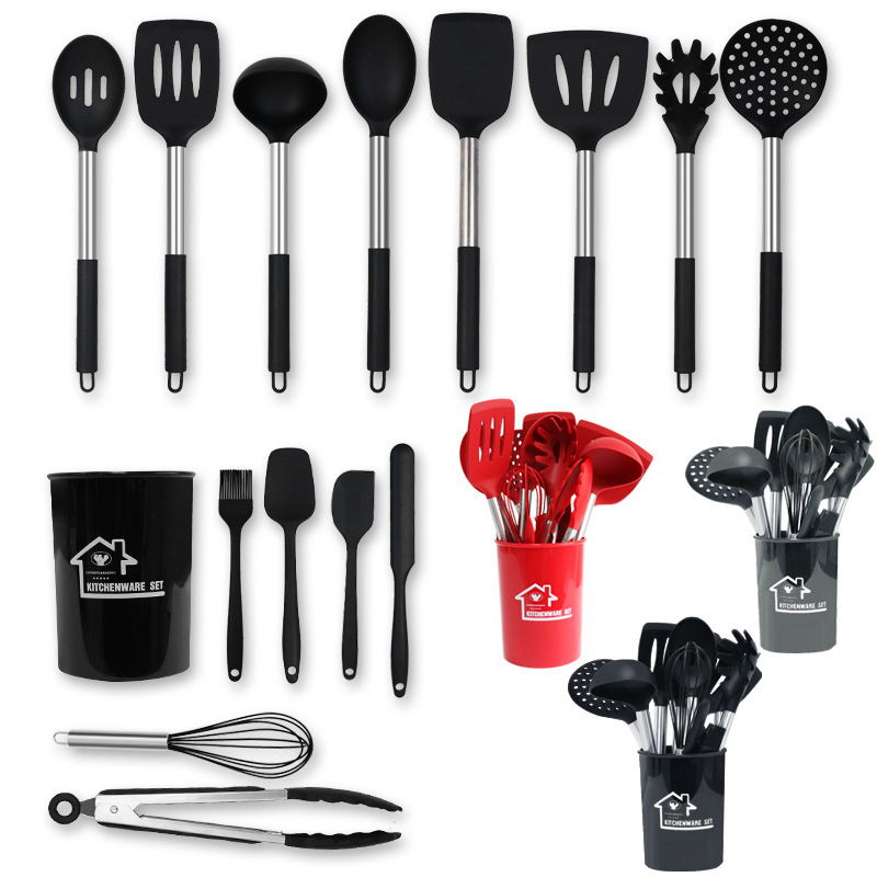 Wholesale Silicone Kitchen Cookware Set, 15-Piece Silicone and Stainless Steel Handle