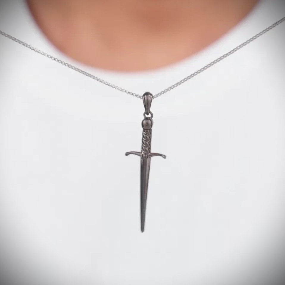 Black Rhodium Sword Pendant – Pure Silver Chain for Men