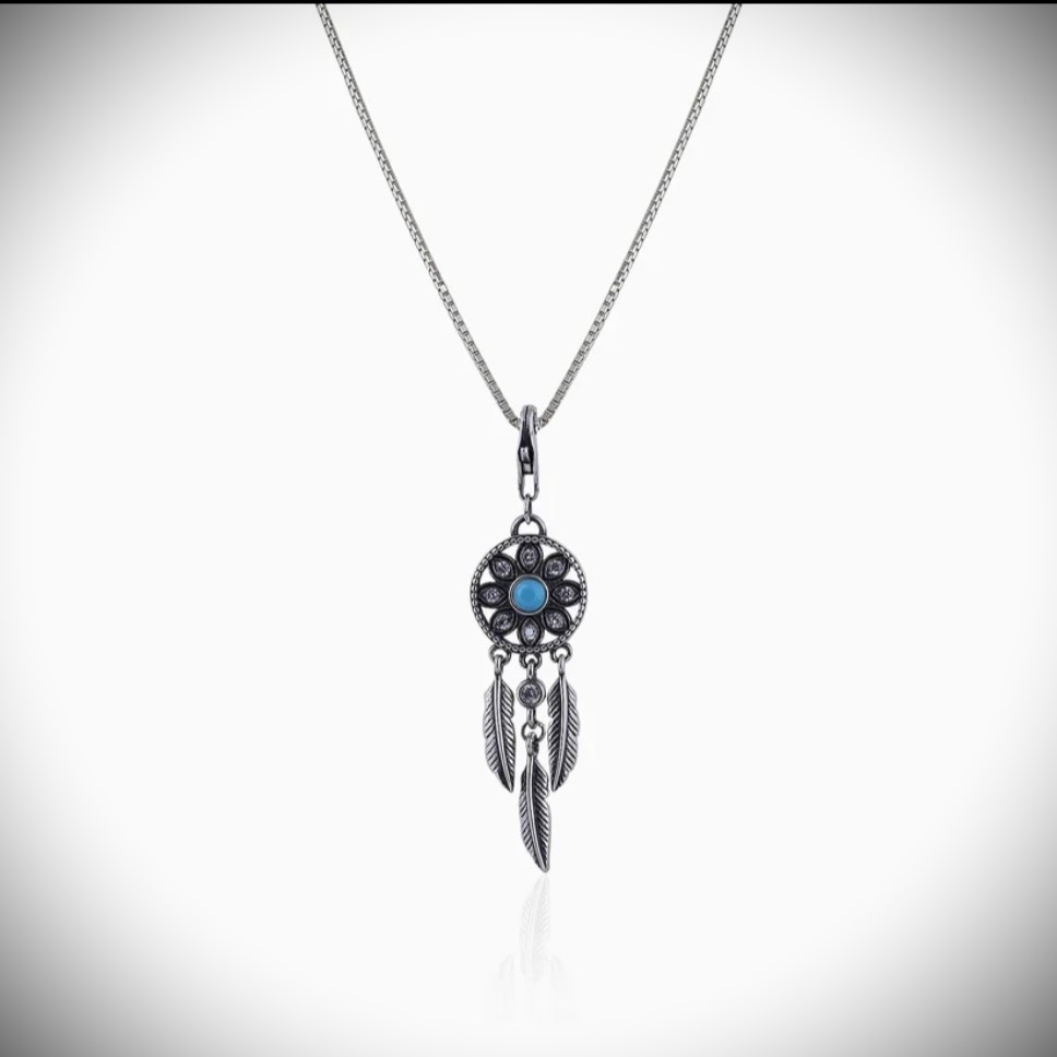 Boho Oxidised Silver Necklace with Chain - Dream Catcher 