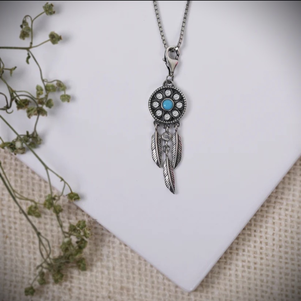 Boho Oxidised Silver Necklace with Chain - Dream Catcher 