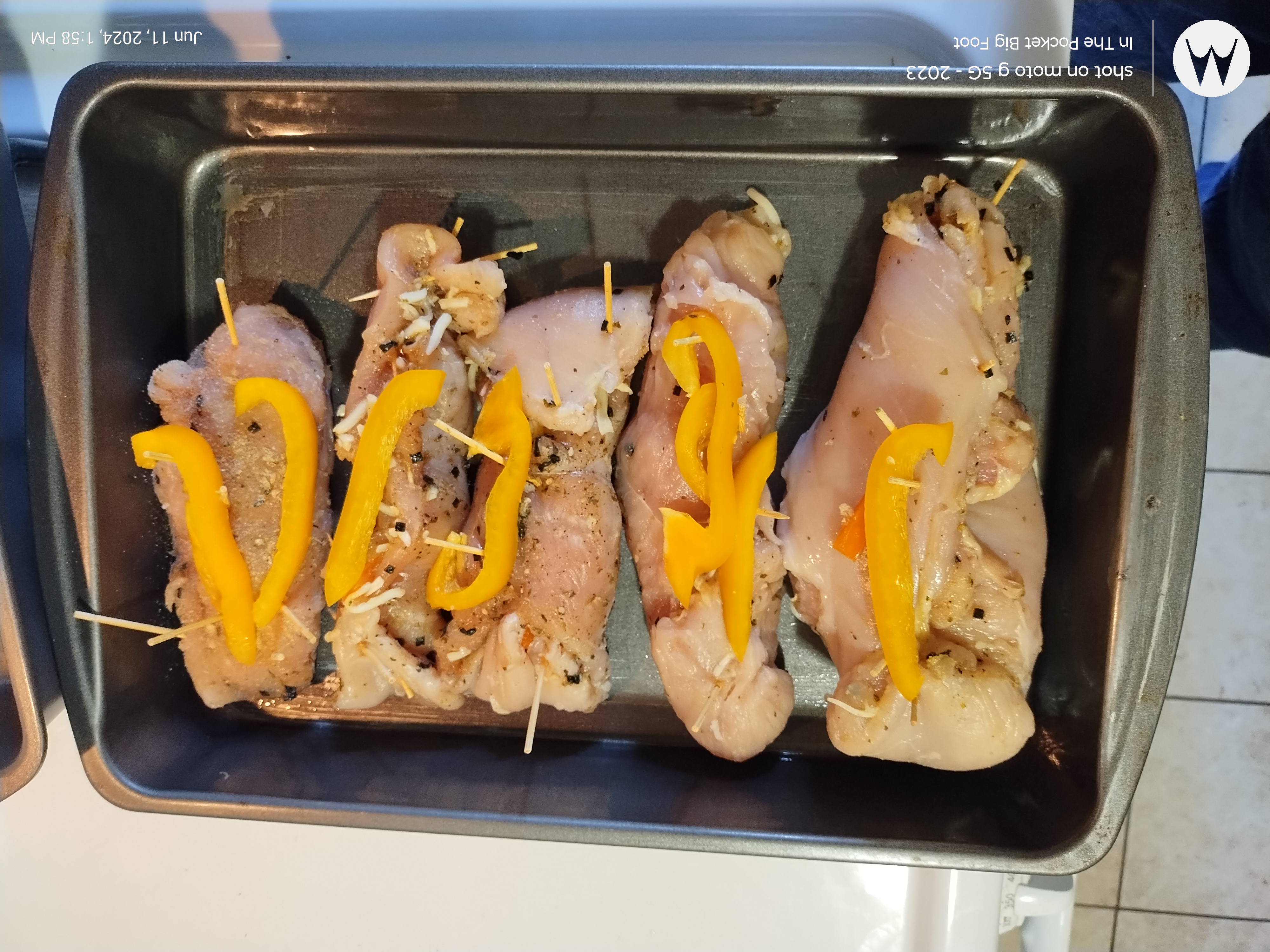  chicken breast wrapped green peppers yellow peppers