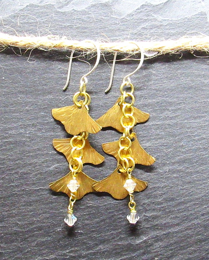 Brass and Silver Gingko Dangle Earrings