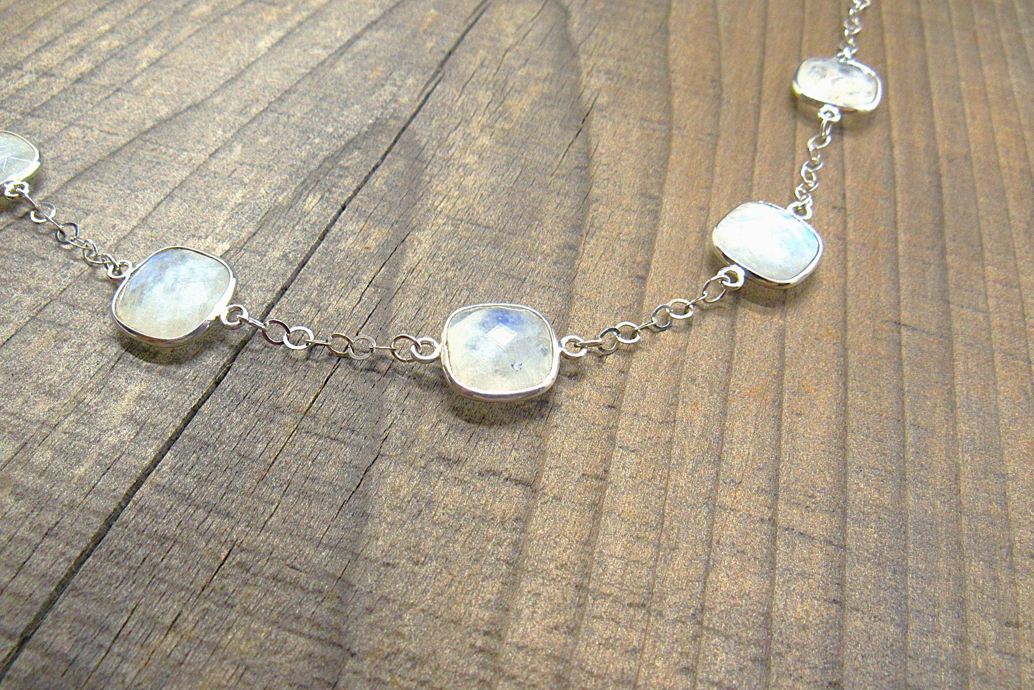  Sterling Silver Blue Flash Faceted Moonstone Necklace