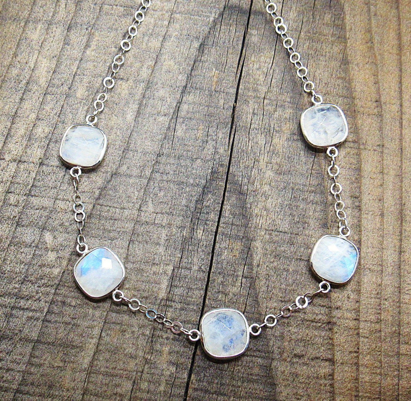  Sterling Silver Blue Flash Faceted Moonstone Necklace