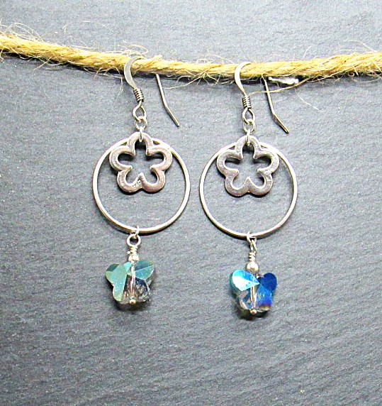  Sterling Silver Flower and Butterfly Dangle Earrings