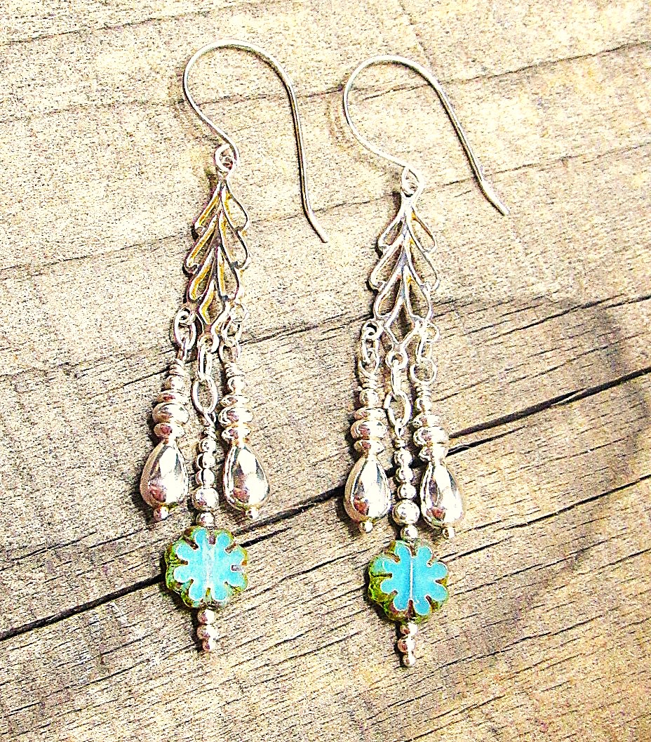 Sterling Silver Flower Dangle Earrings